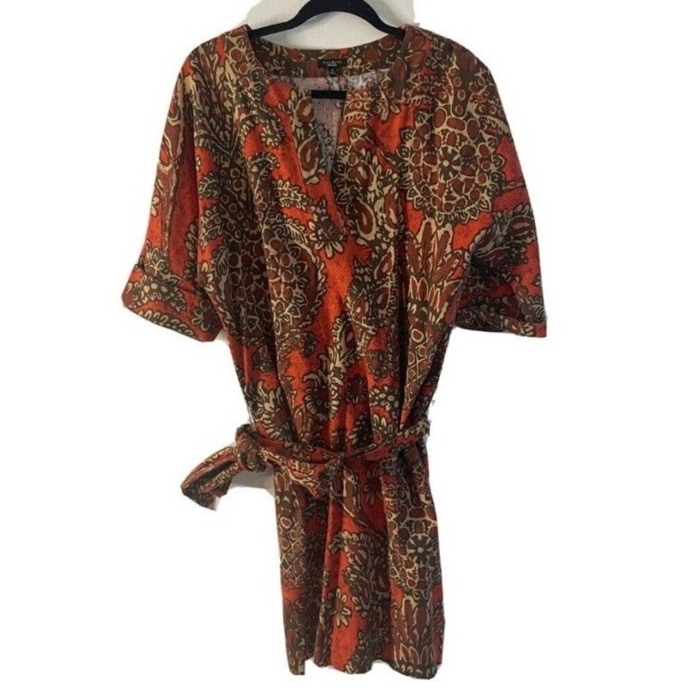 Talbots Linen Dress Womens Size 8 Orange Belt Paisley Minimalist Lagenlook